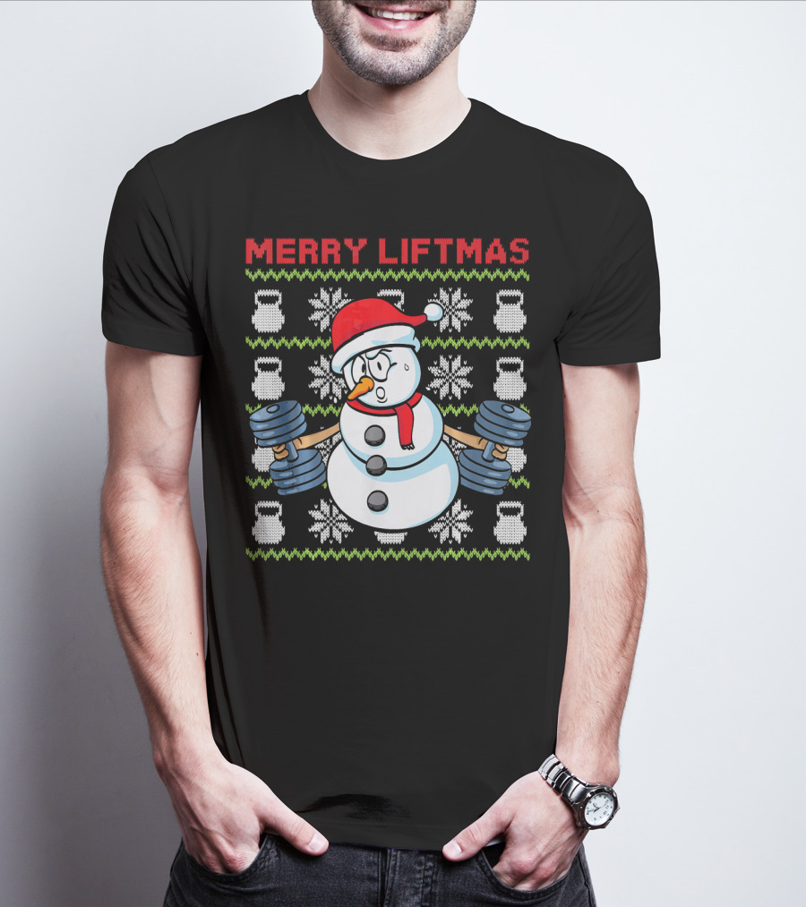Merry Liftmas Fitness Snowman Xmas Weightlifting Kettlebells T-Shirt