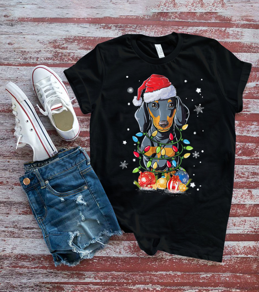 Dachshund Wrapped In Christmas Lights With Santa Hat And Ornaments T-Shirt