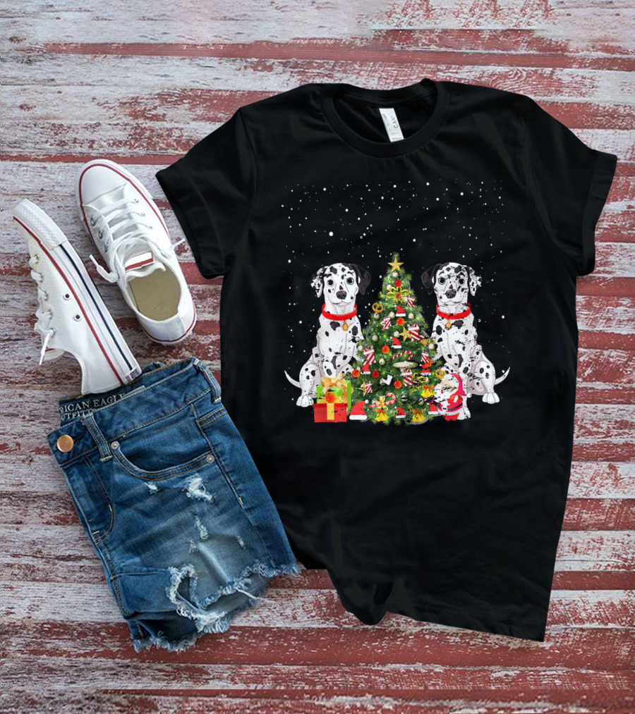 Dalmatian Christmas Tree Dalmatian Holiday Costume With Gifts And Santa T-Shirt