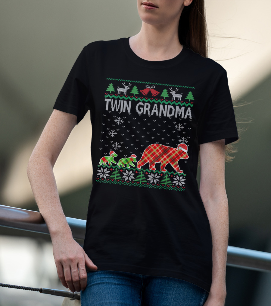 Twin Grandma Matching Ugly Christmas Plaid Bear Family Snowflakes Trees T-Shirt