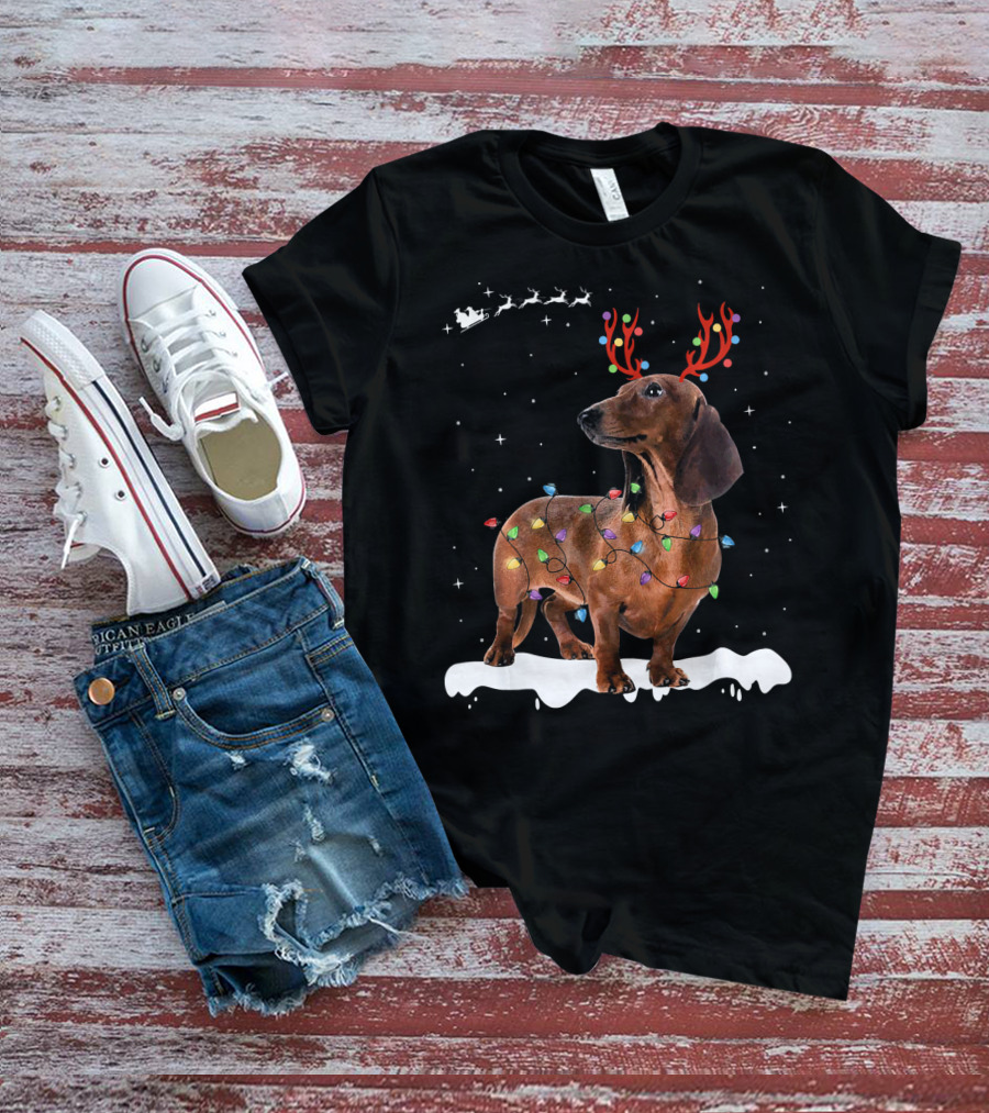 Reindeer Dachshund With Holiday Lights And Santa Sleigh T-Shirt