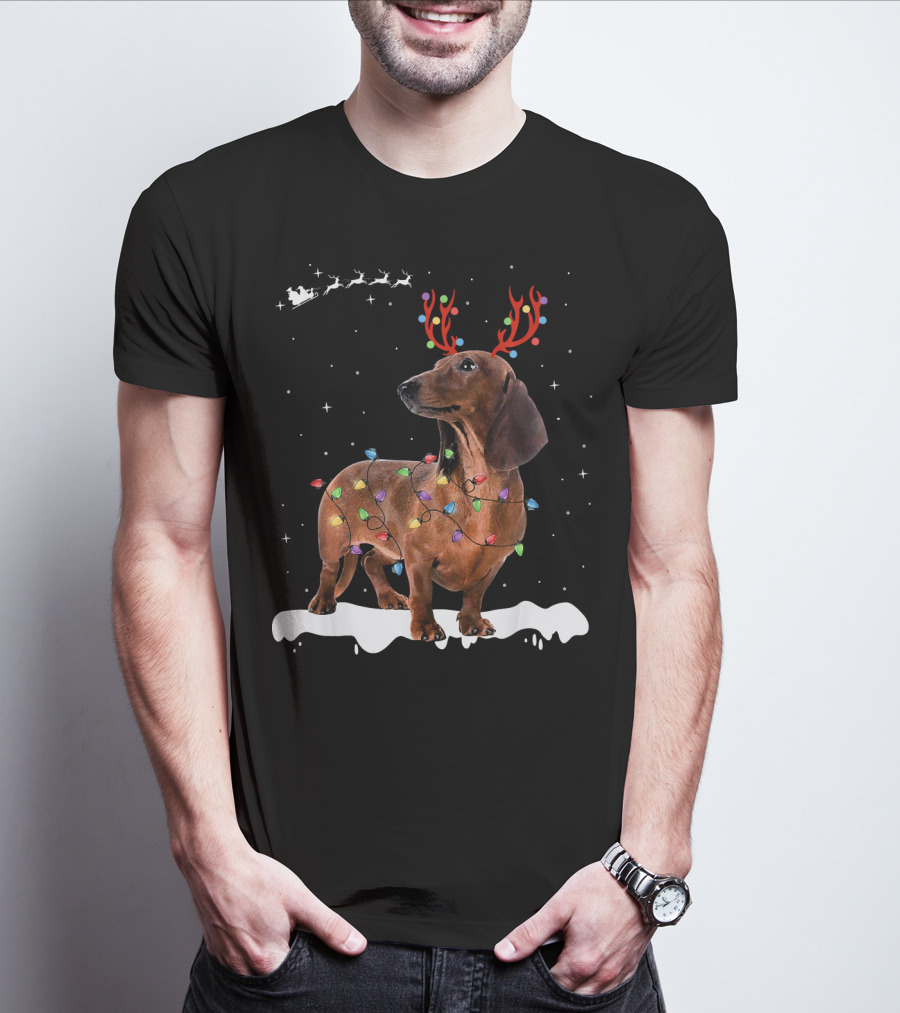 Reindeer Dachshund With Holiday Lights And Santa Sleigh T-Shirt