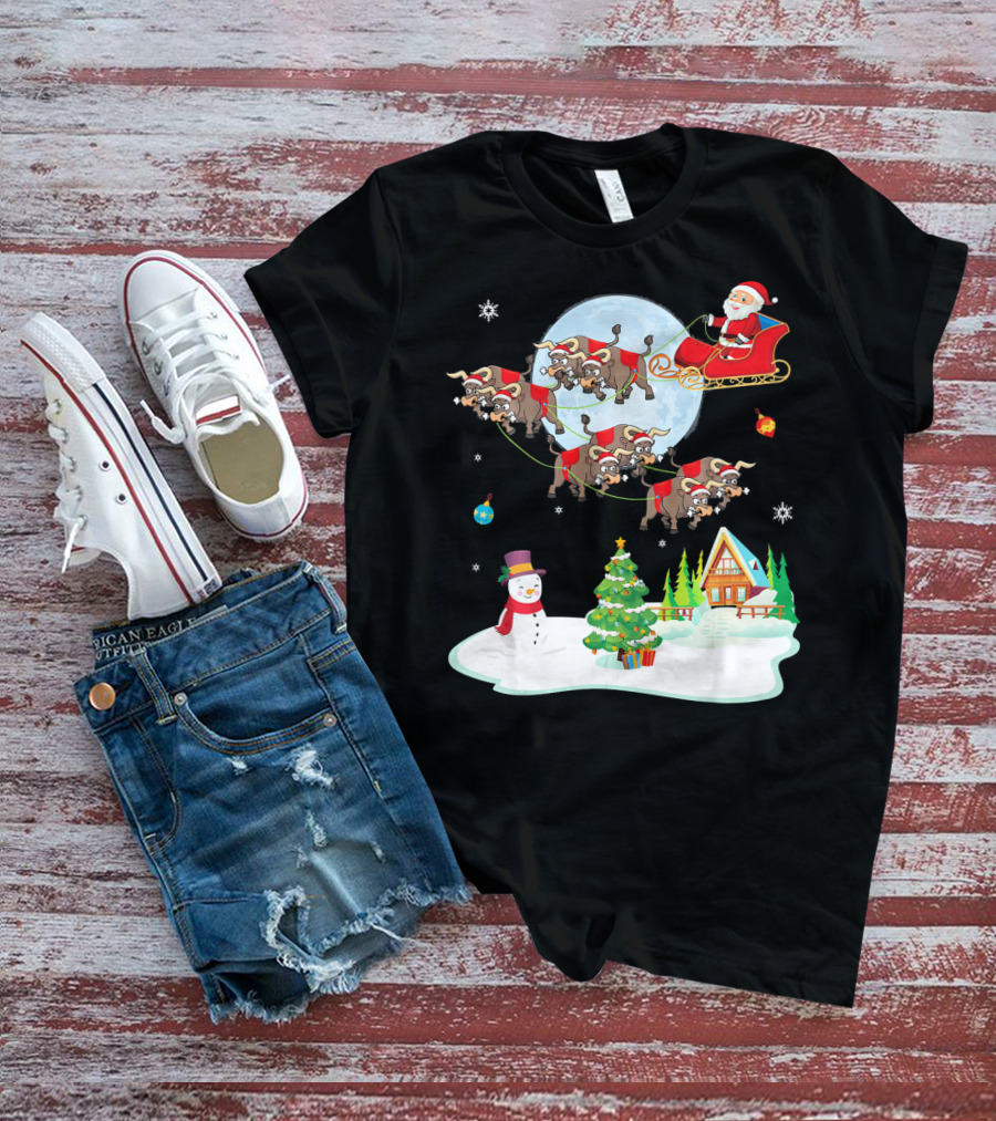 Santa Claus Buffalo Sleigh Snowman Christmas Scene T-Shirt