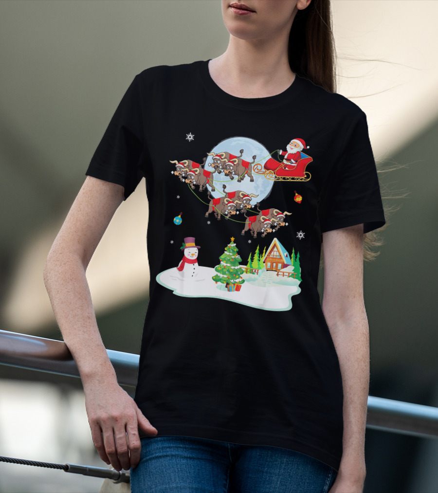 Santa Claus Buffalo Sleigh Snowman Christmas Scene T-Shirt