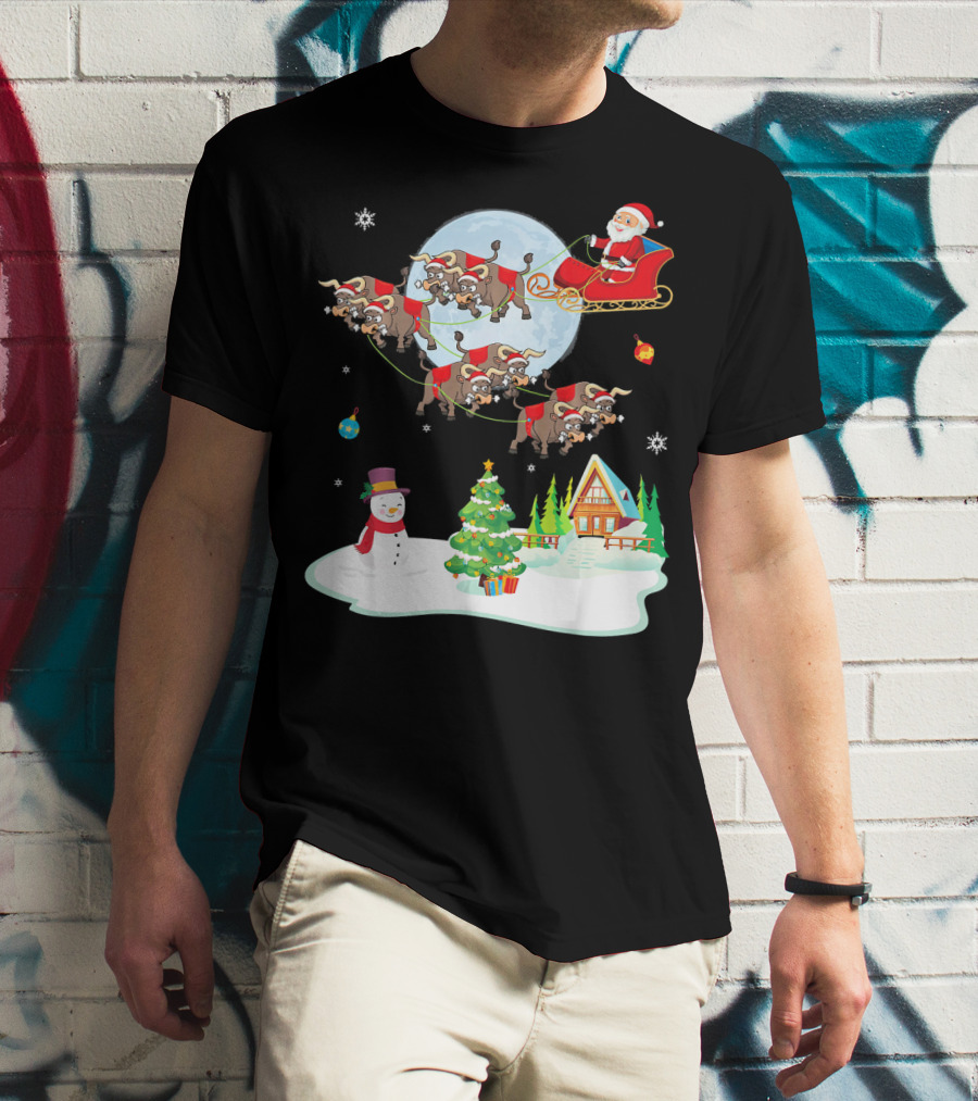 Santa Claus Buffalo Sleigh Snowman Christmas Scene T-Shirt
