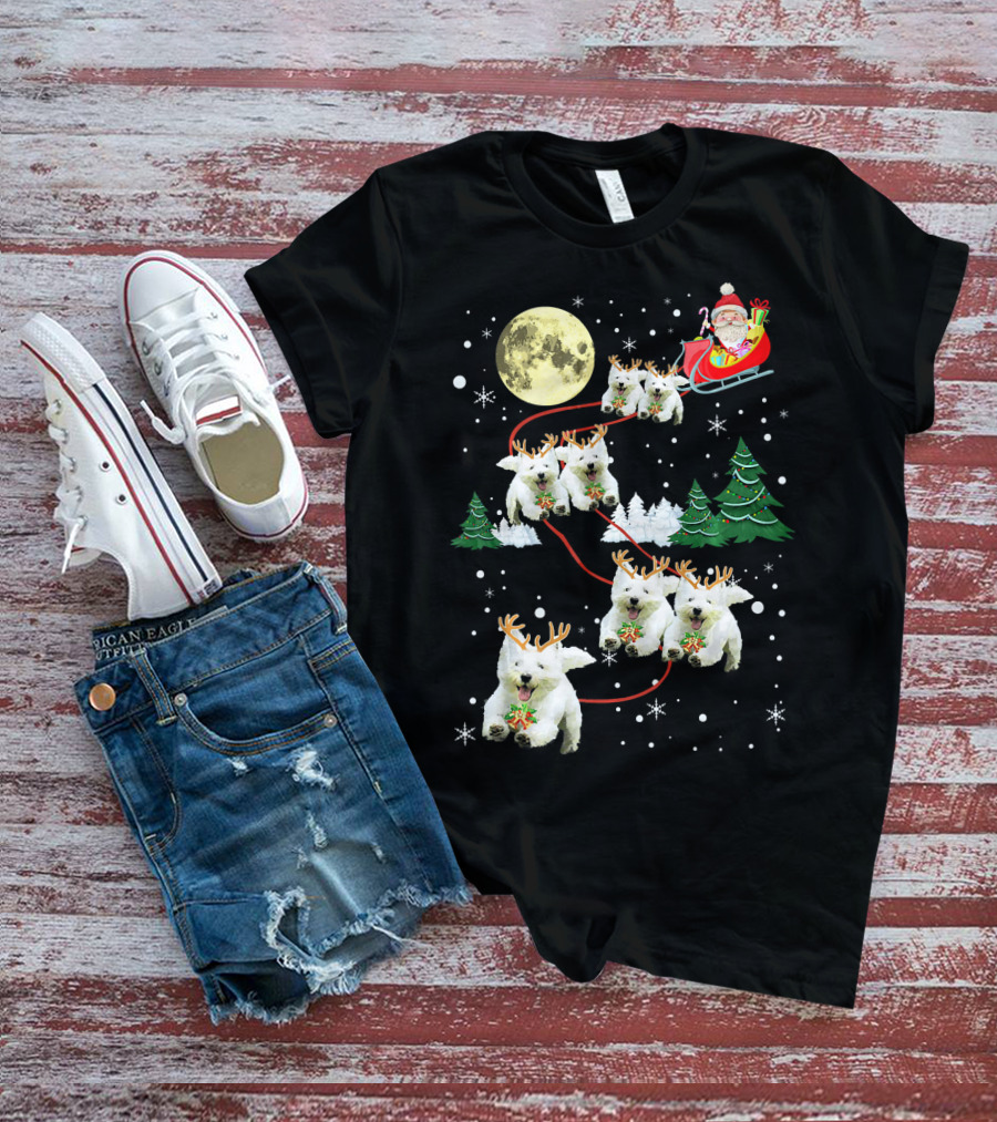 Santa Sleigh With Westie Reindeer Christmas Moon And Trees T-Shirt