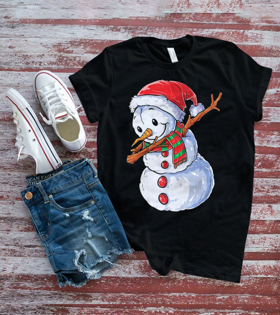 Festive Snowman With Santa Hat And Striped Scarf T-Shirt