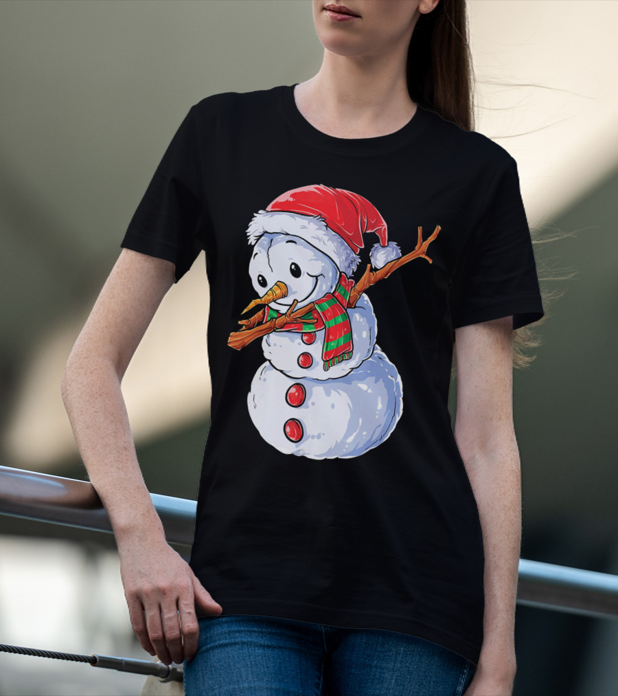 Festive Snowman With Santa Hat And Striped Scarf T-Shirt