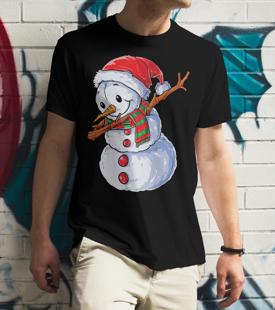 Festive Snowman With Santa Hat And Striped Scarf T-Shirt