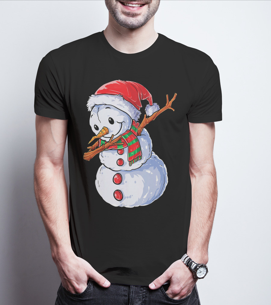 Festive Snowman With Santa Hat And Striped Scarf T-Shirt