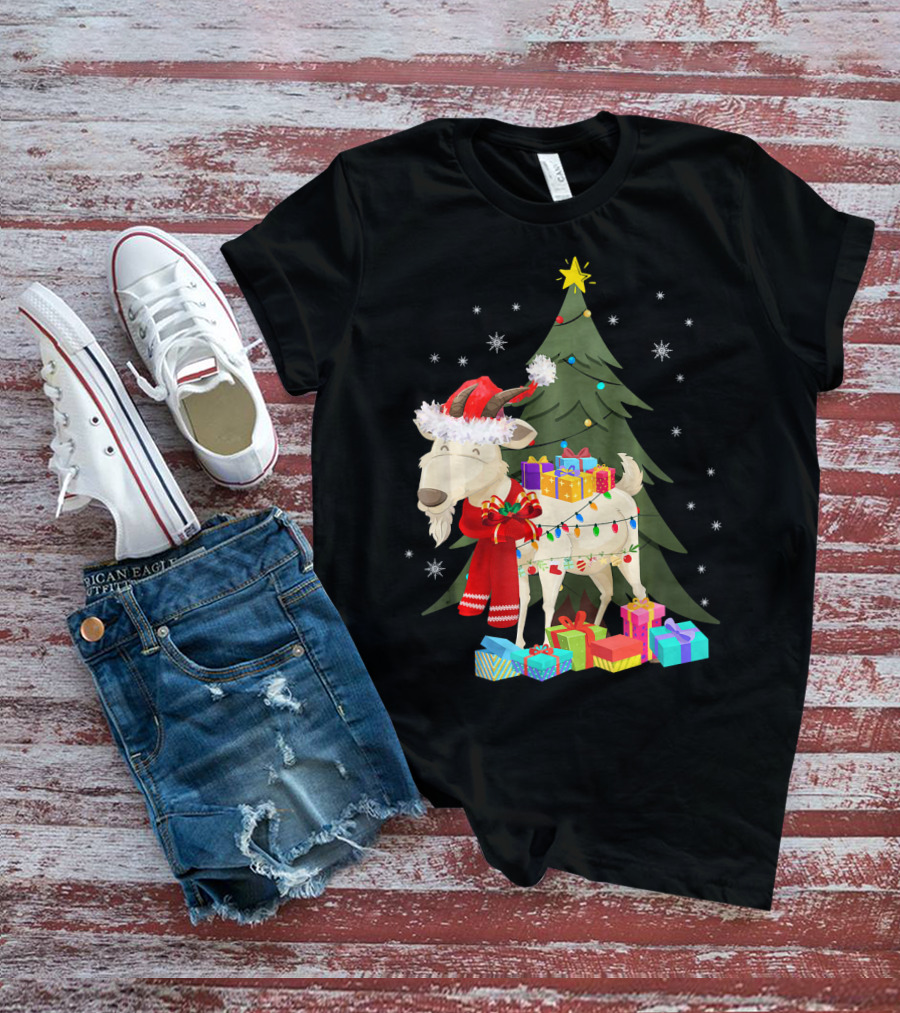 Goat Christmas Lights Funny Goat Santa Hat Presents Tree Snowflakes T-Shirt