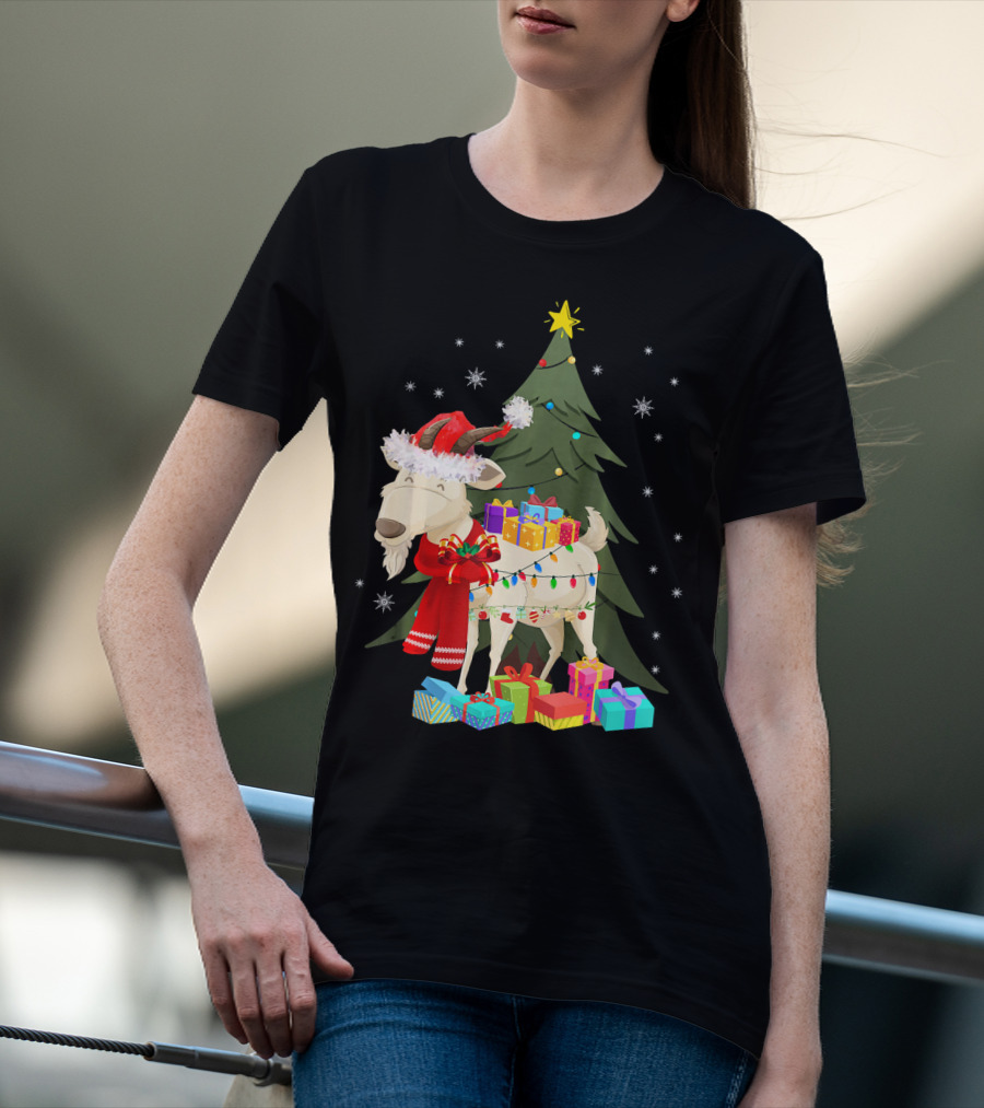 Goat Christmas Lights Funny Goat Santa Hat Presents Tree Snowflakes T-Shirt