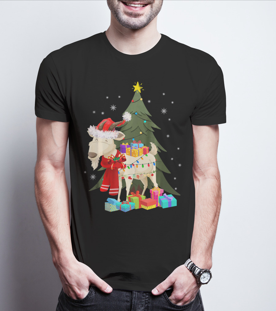 Goat Christmas Lights Funny Goat Santa Hat Presents Tree Snowflakes T-Shirt