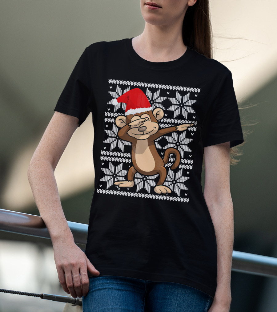 UGLY CHRISTMAS Dabbing Monkey Dab Santa Hat Snowflake T-Shirt
