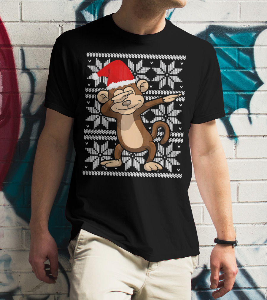 UGLY CHRISTMAS Dabbing Monkey Dab Santa Hat Snowflake T-Shirt