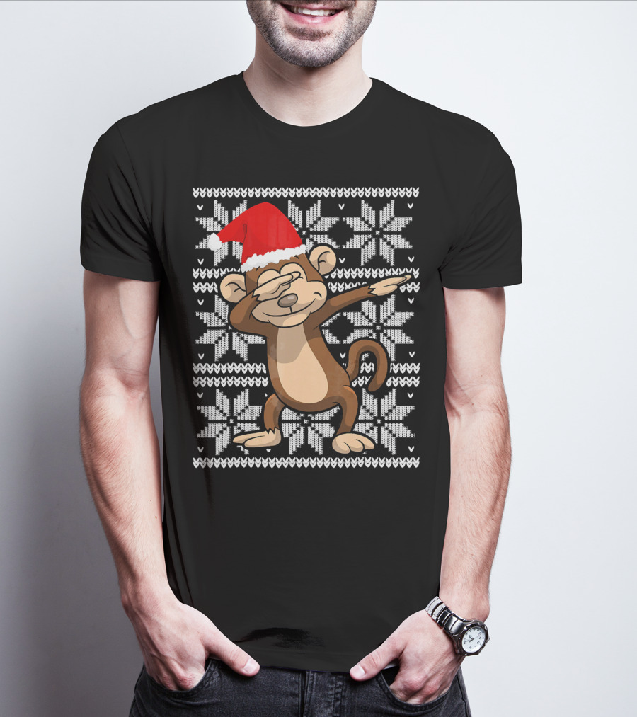 UGLY CHRISTMAS Dabbing Monkey Dab Santa Hat Snowflake T-Shirt