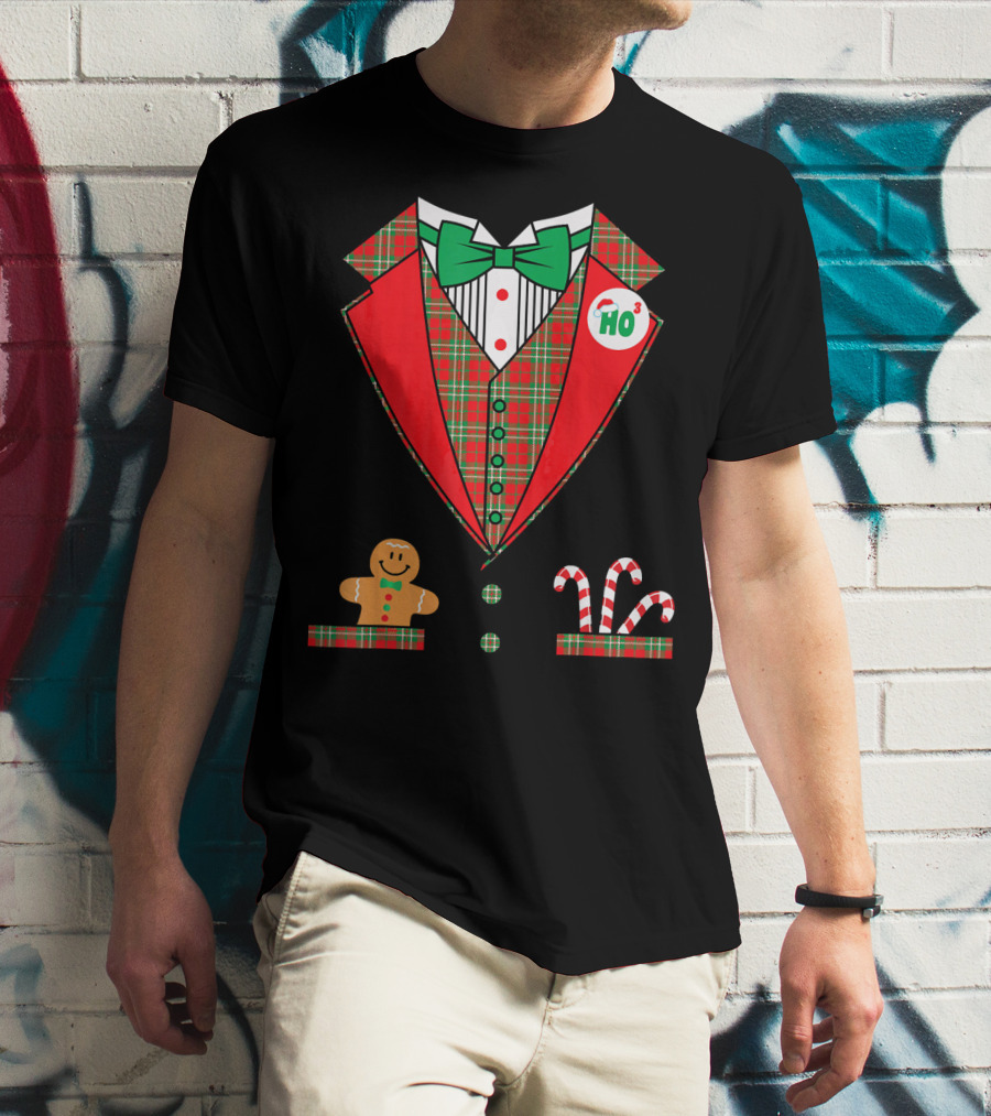 Funny Christmas Costume Tuxedo Ho Ho Ho Bow Tie Gingerbread Candy Cane T-Shirt
