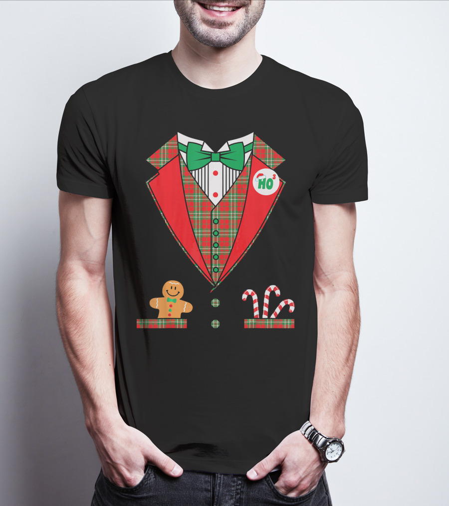 Funny Christmas Costume Tuxedo Ho Ho Ho Bow Tie Gingerbread Candy Cane T-Shirt