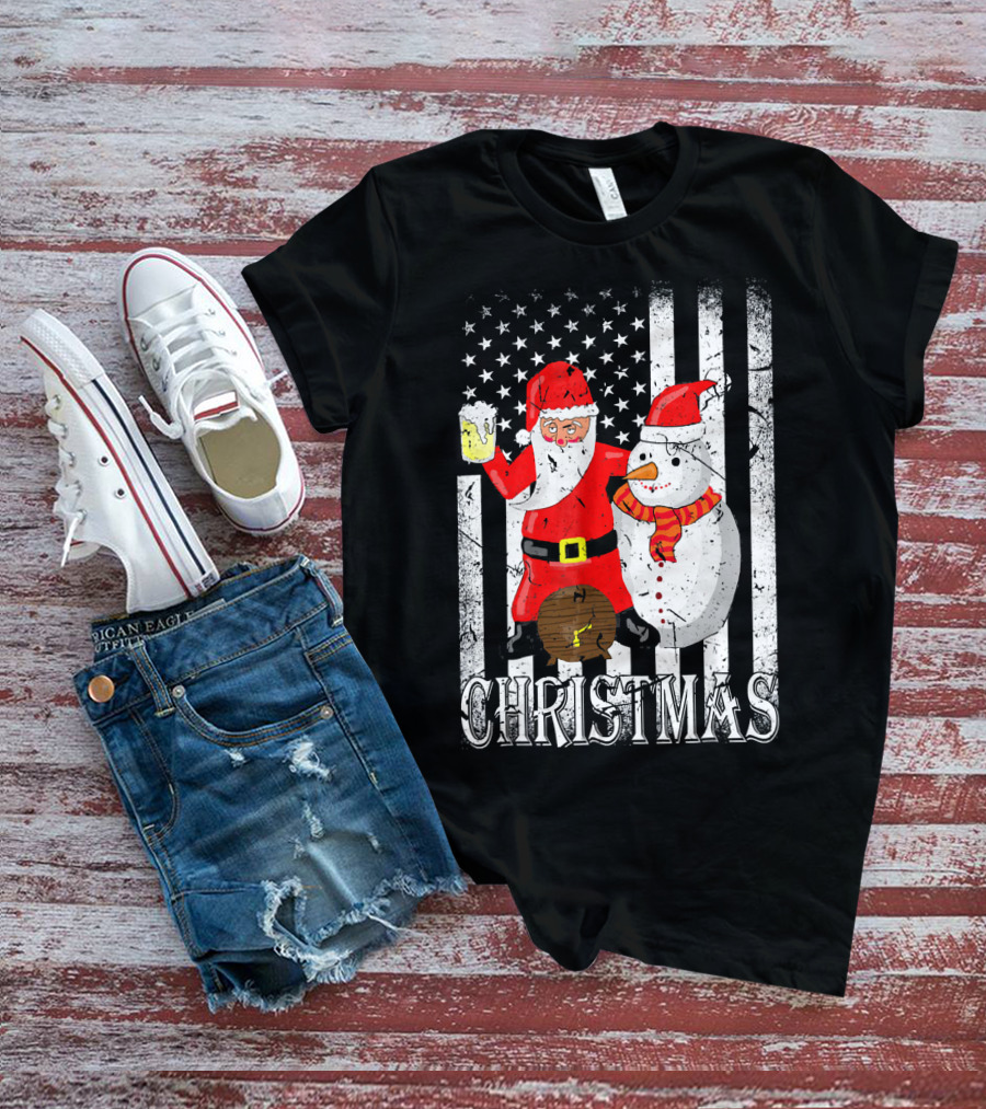 Christmas Santa Claus Snowman With Beer American Flag T-Shirt