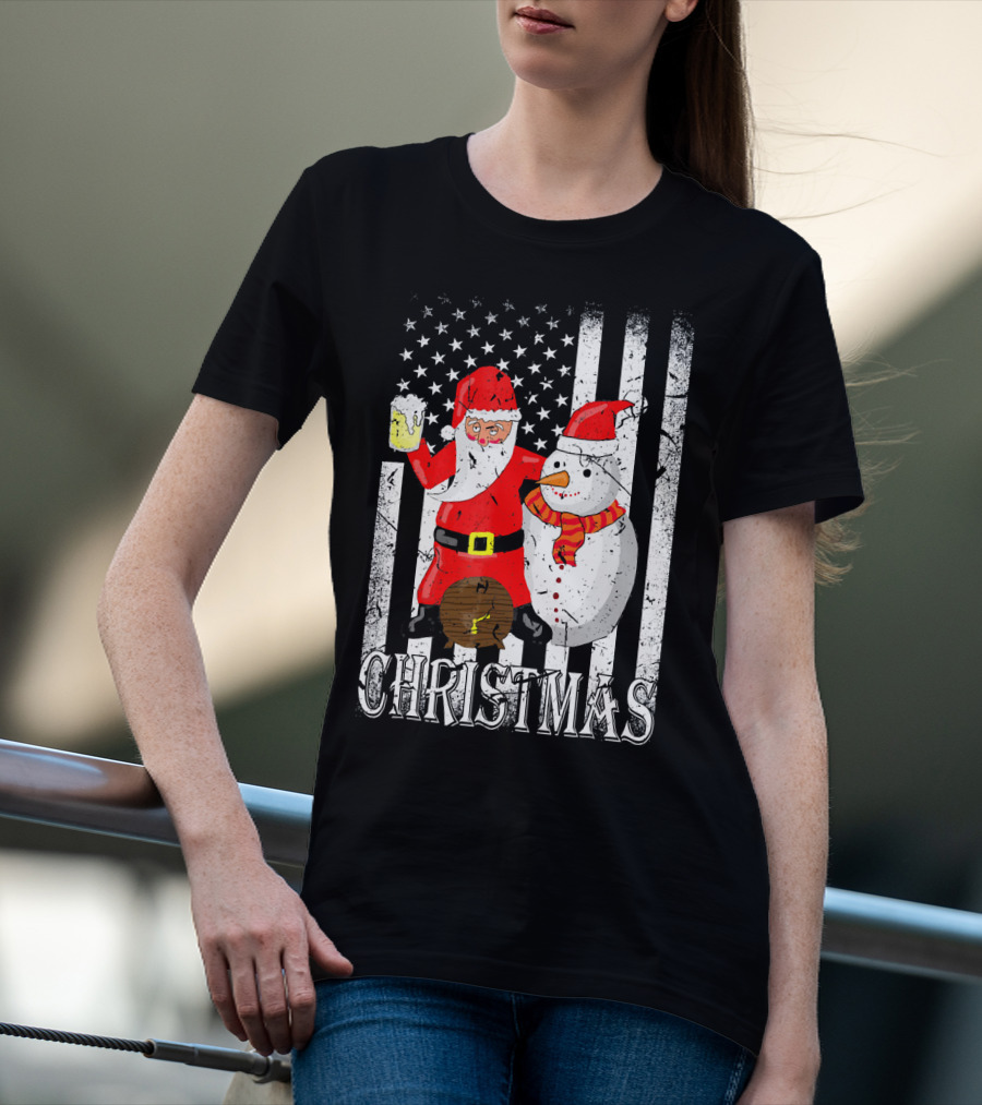 Christmas Santa Claus Snowman With Beer American Flag T-Shirt