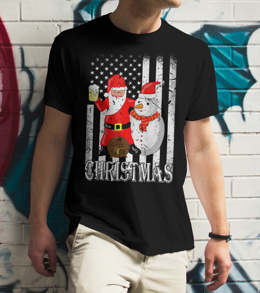 Christmas Santa Claus Snowman With Beer American Flag T-Shirt