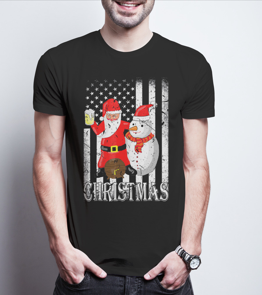 Christmas Santa Claus Snowman With Beer American Flag T-Shirt