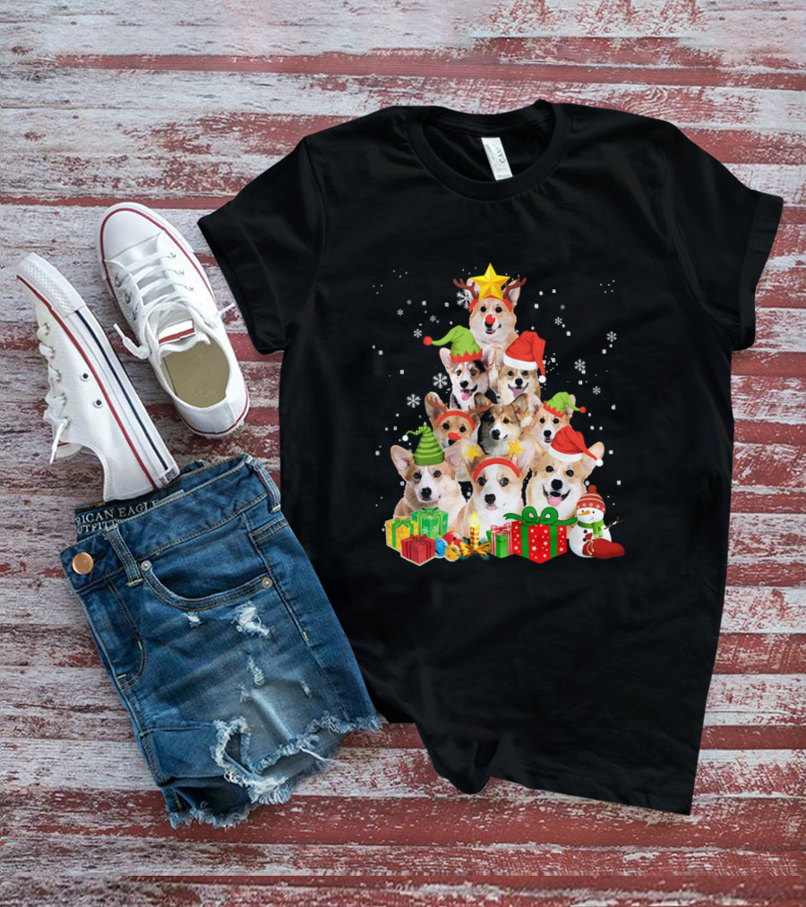 Corgi Christmas Tree With Snowflakes And Holiday Hats T-Shirt