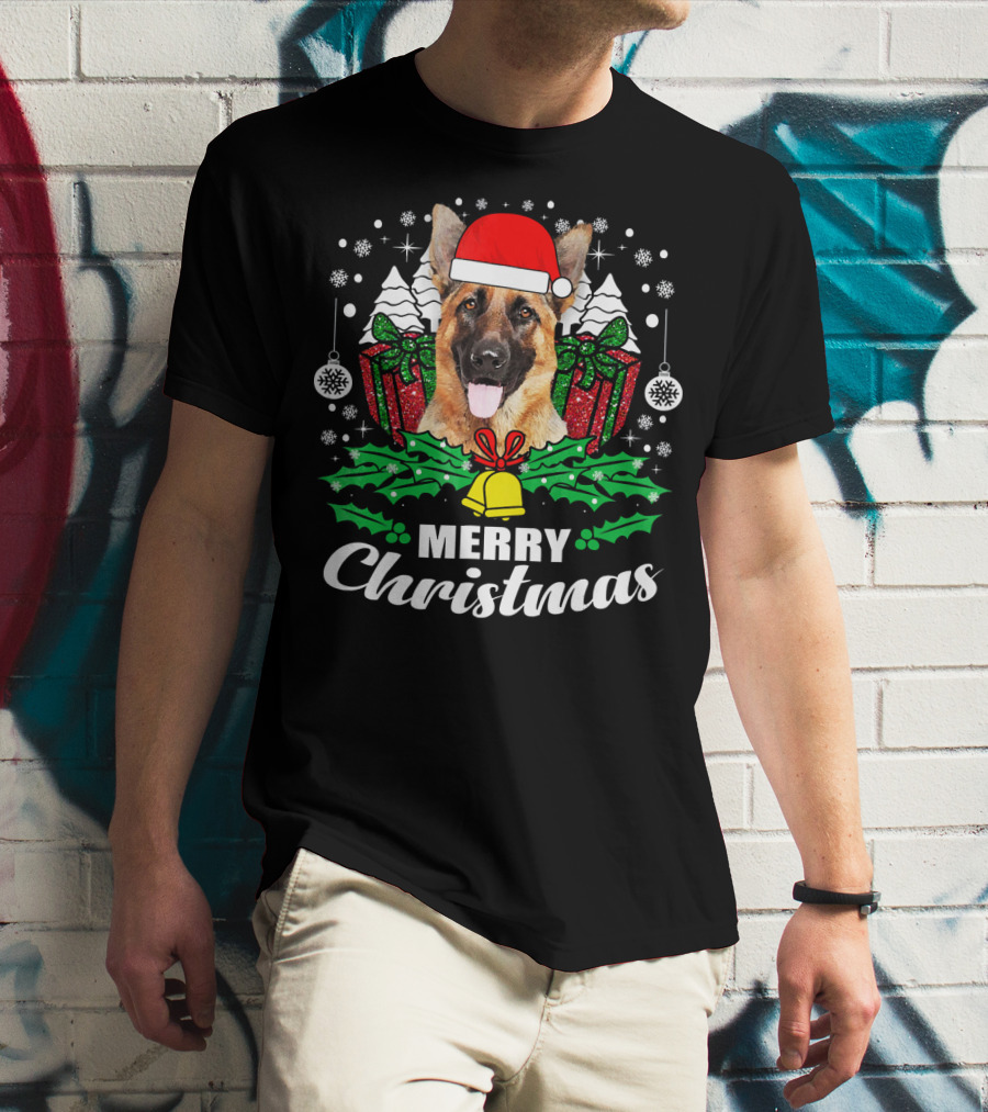 German Shepherd Merry Christmas Santa Hat Festive Holiday Dog Love T-Shirt