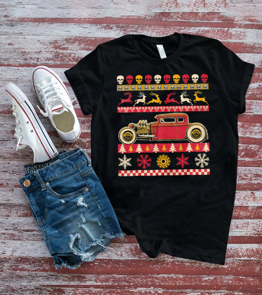 Rat Rod Christmas Party Skull Route 66 Reindeer Snowflakes Checkerboard T-Shirt