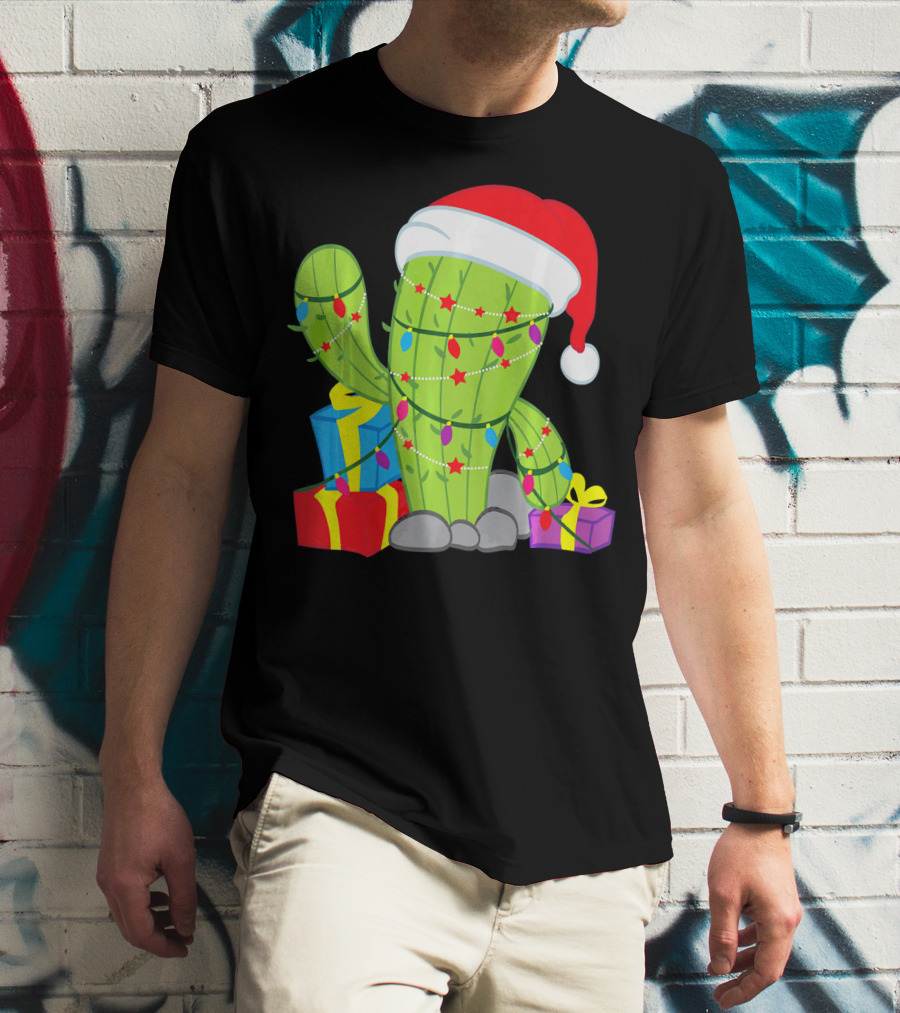 Cactus Tree Santa Hat Christmas Presents Mexican T-Shirt