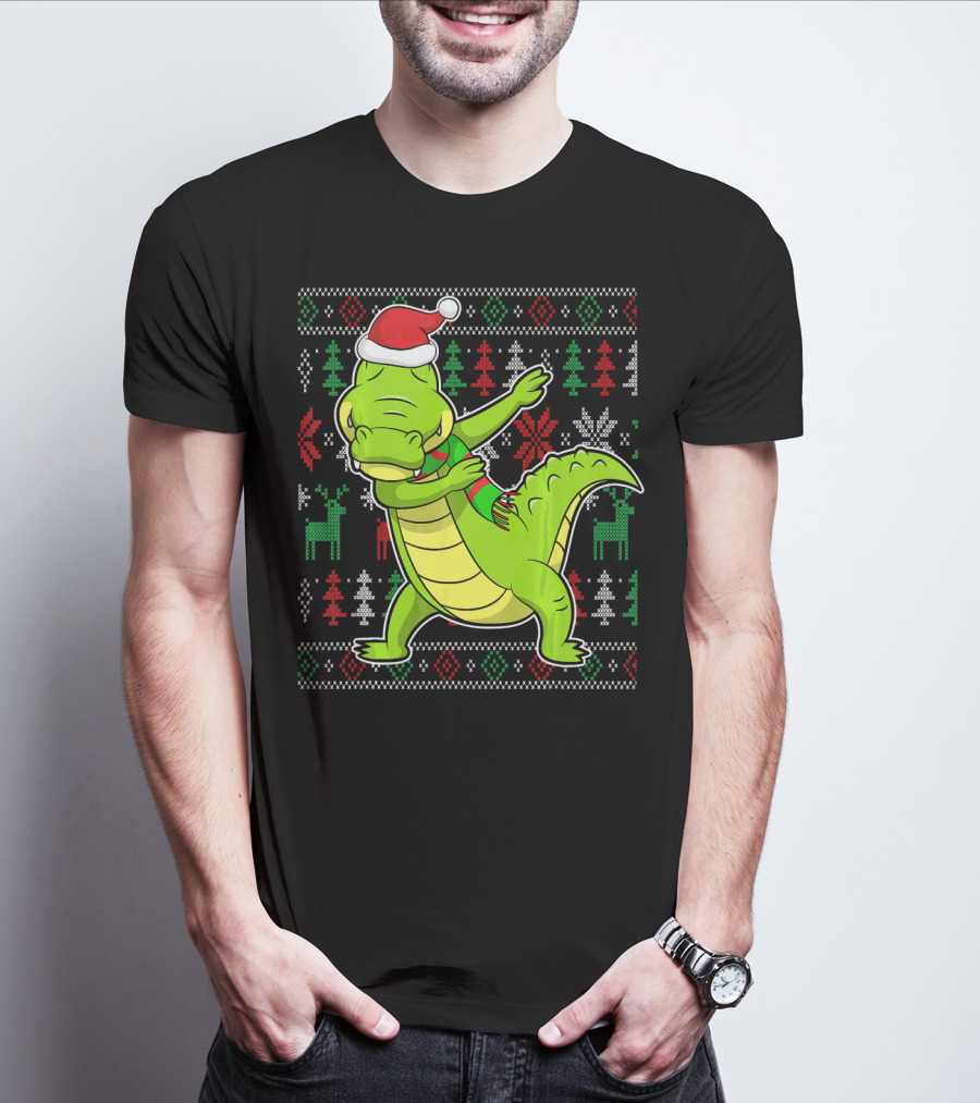 Ugly Christmas Dabbing Alligator Santa Hat Festive T-Shirt