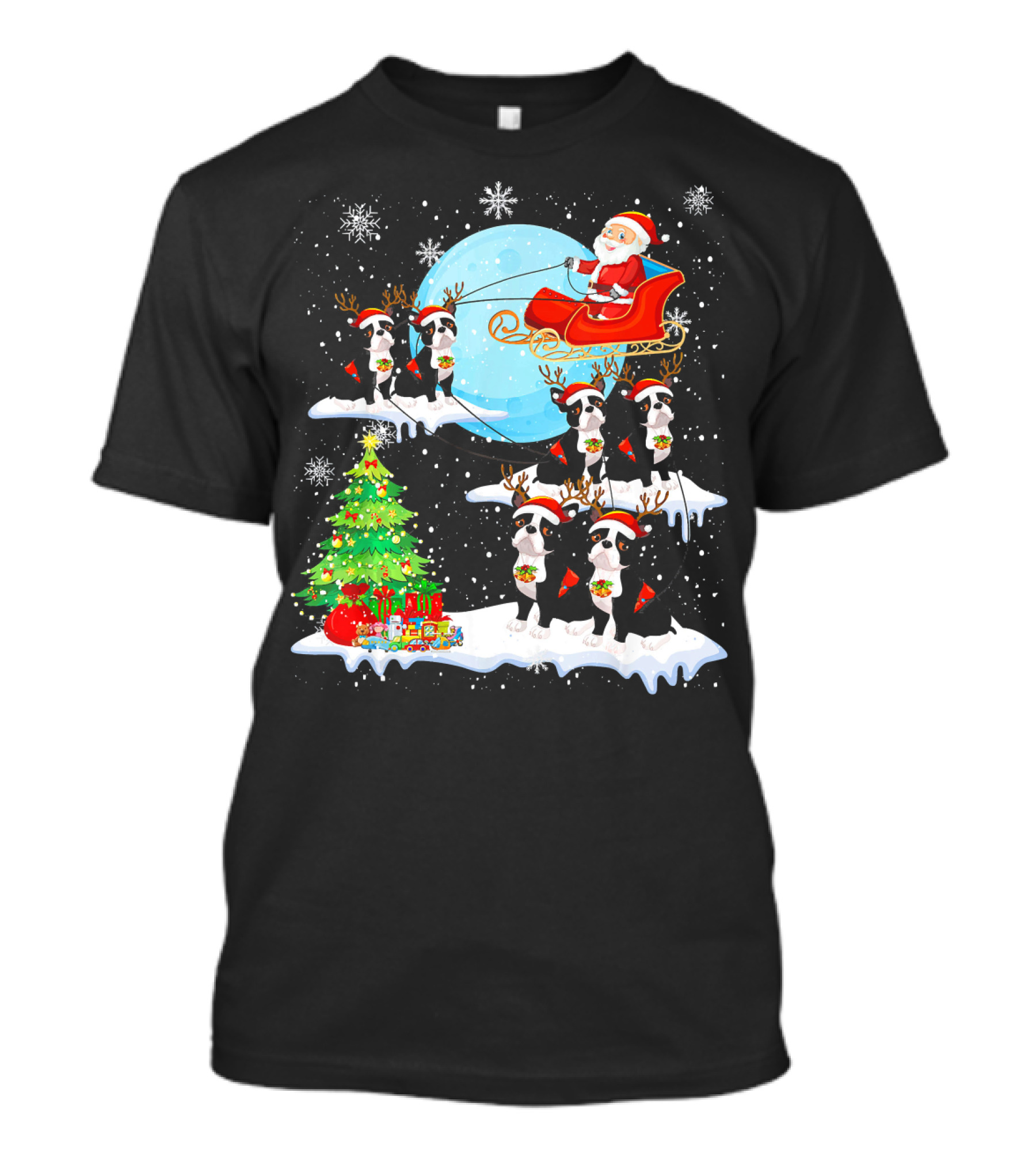 Santa Sleigh With Boston Terrier Reindeer And Christmas Tree T-Shirt