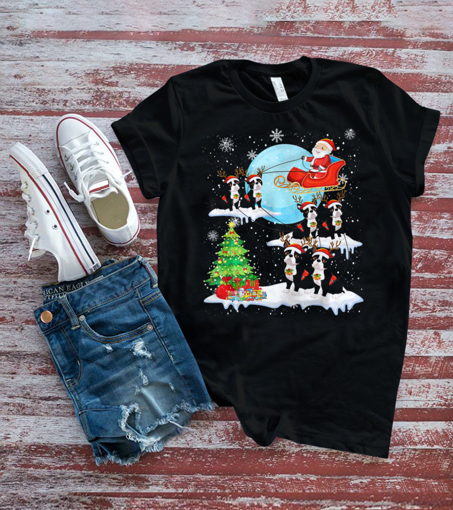Santa Sleigh With Boston Terrier Reindeer And Christmas Tree T-Shirt
