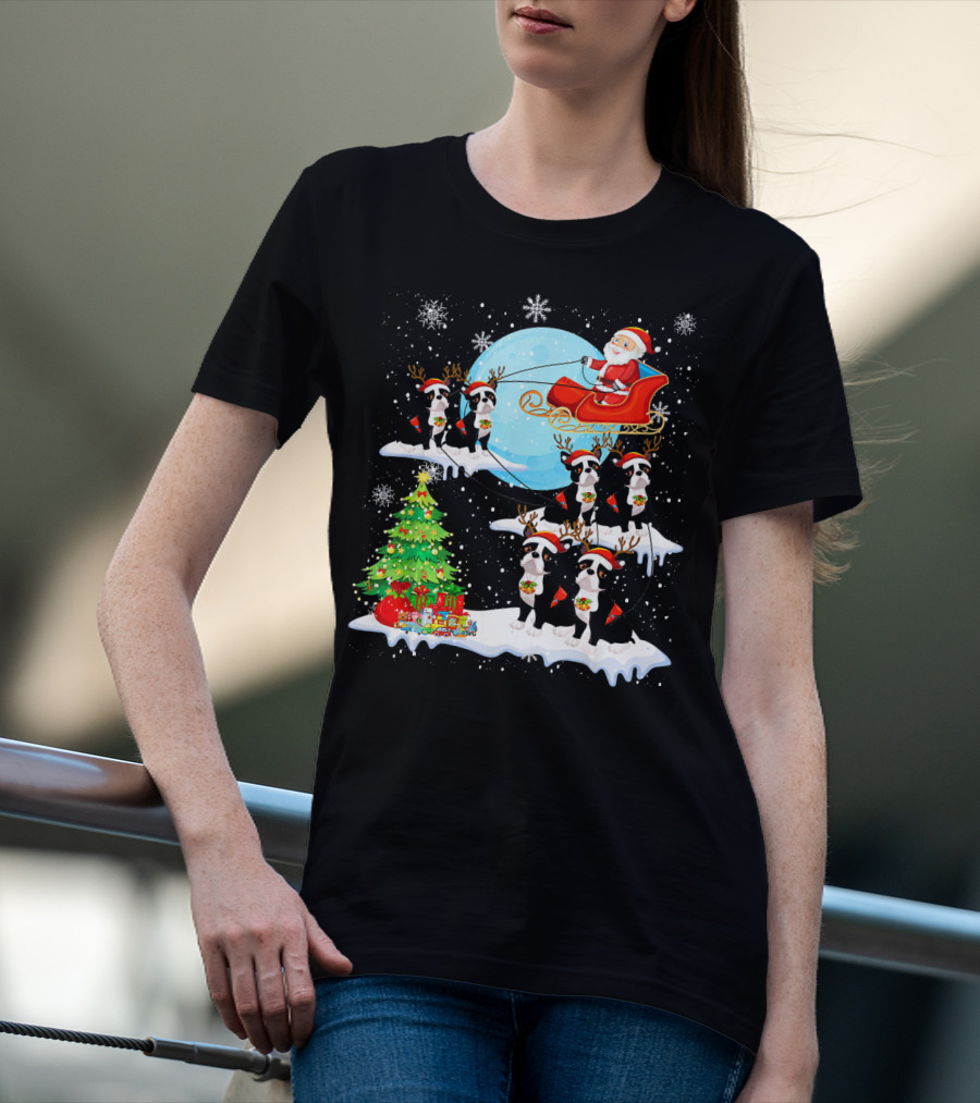 Santa Sleigh With Boston Terrier Reindeer And Christmas Tree T-Shirt