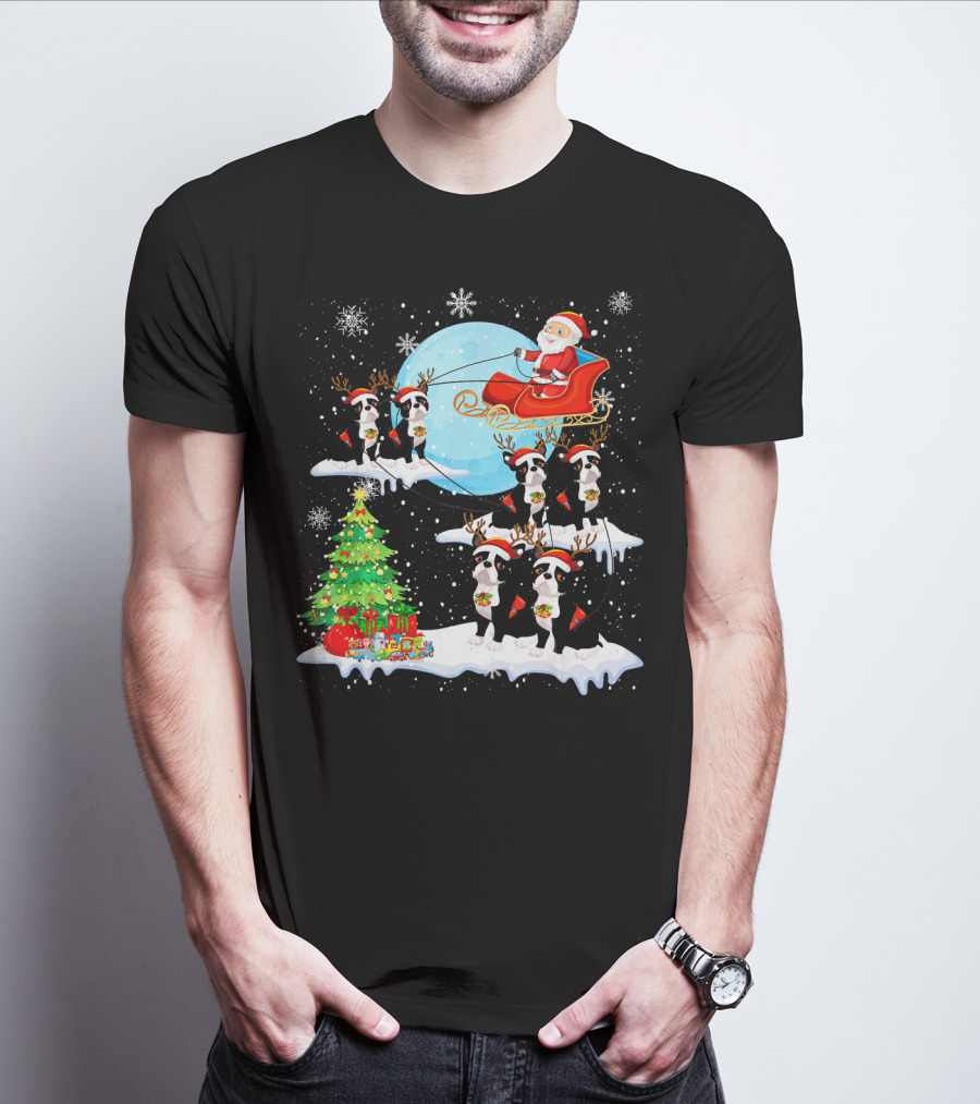 Santa Sleigh With Boston Terrier Reindeer And Christmas Tree T-Shirt