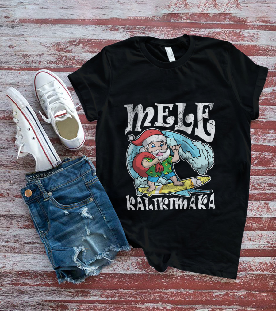 Merry Christmas Mele Kalikimaka Surfing Santa T-Shirt