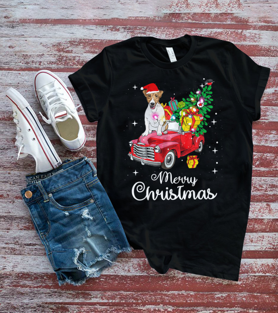 Merry Christmas Jack Russell Terrier Riding Red Truck With Gifts And Santa Hat T-Shirt