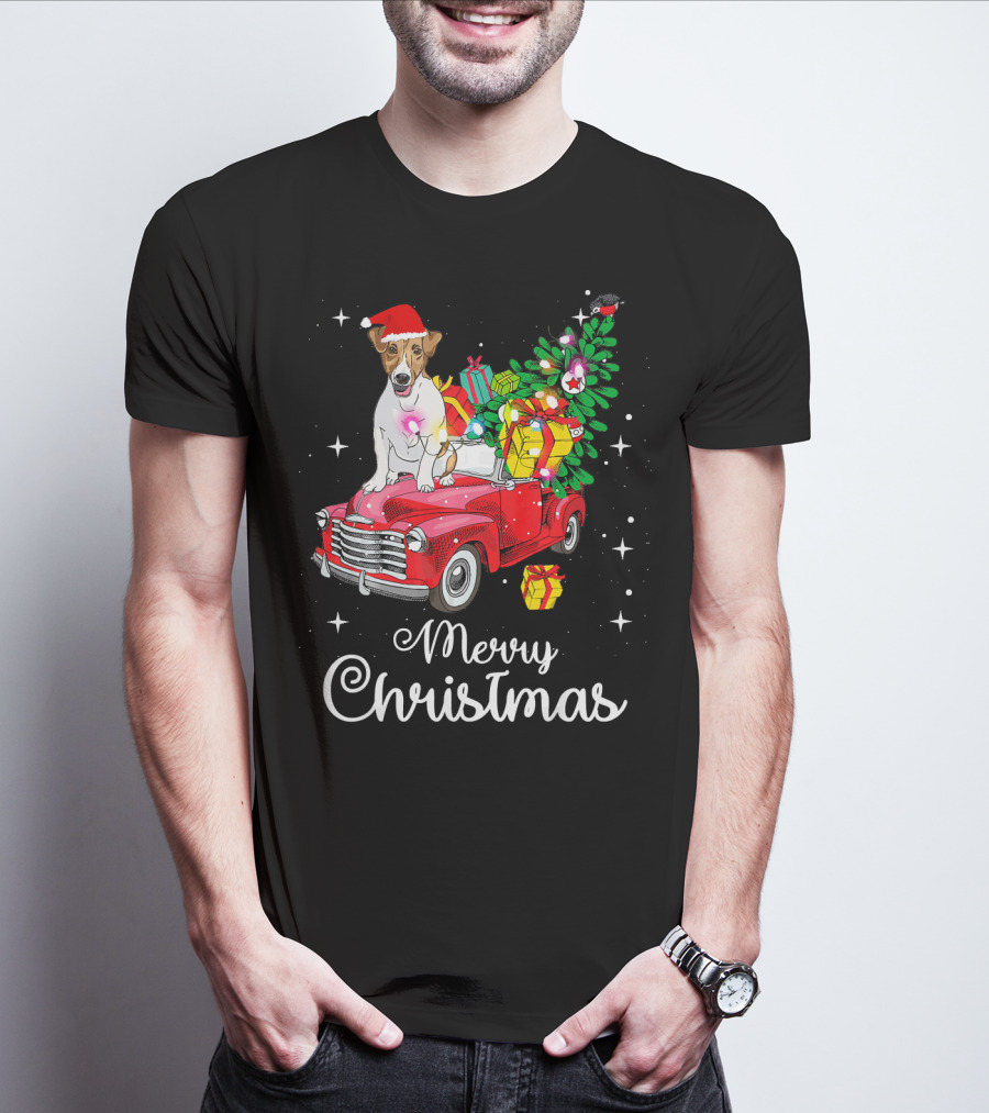 Merry Christmas Jack Russell Terrier Riding Red Truck With Gifts And Santa Hat T-Shirt