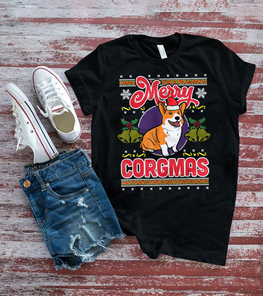 Merry Corgmas Ugly Christmas Corgi Dog Santa Hat Snowflakes Holiday T-Shirt
