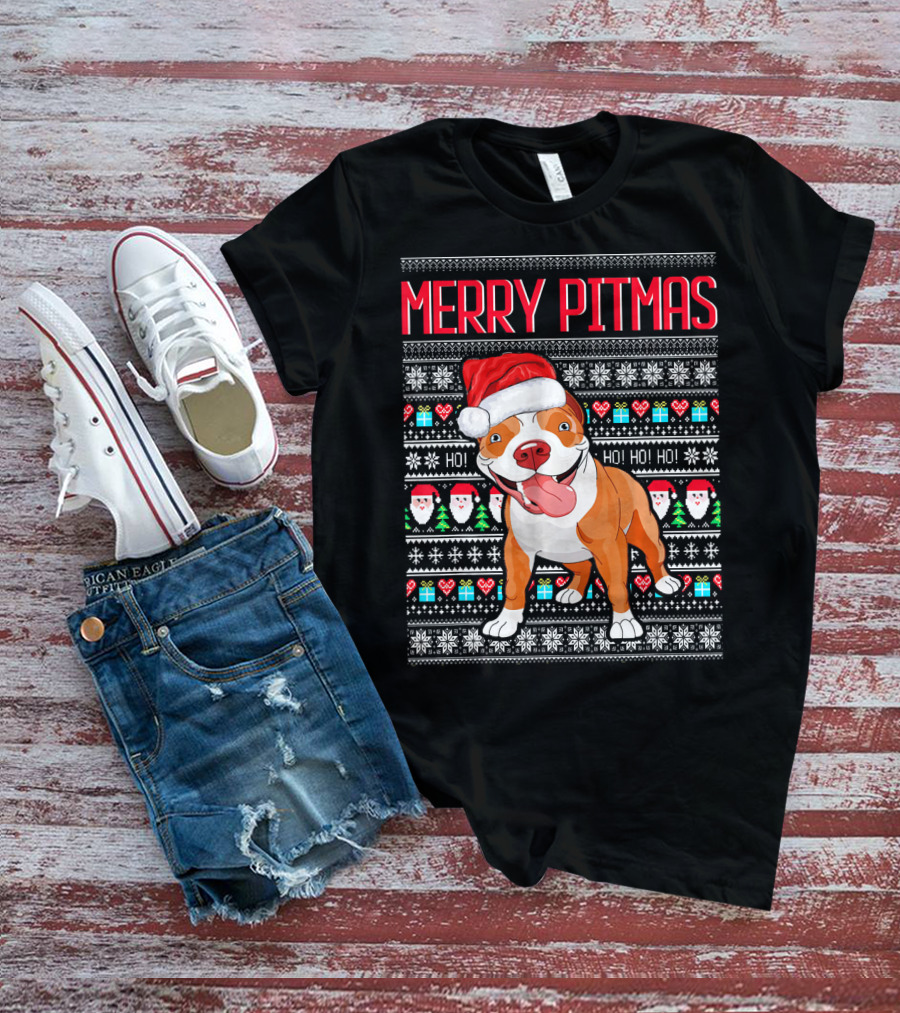 Merry Pitmas Santa Hat Dog Ho Ho Ho UglyStyle Christmas T-Shirt