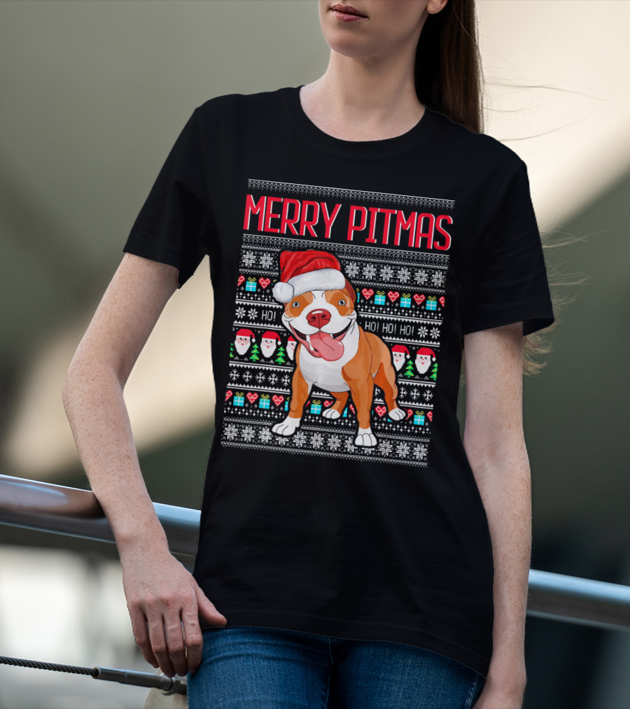 Merry Pitmas Santa Hat Dog Ho Ho Ho UglyStyle Christmas T-Shirt