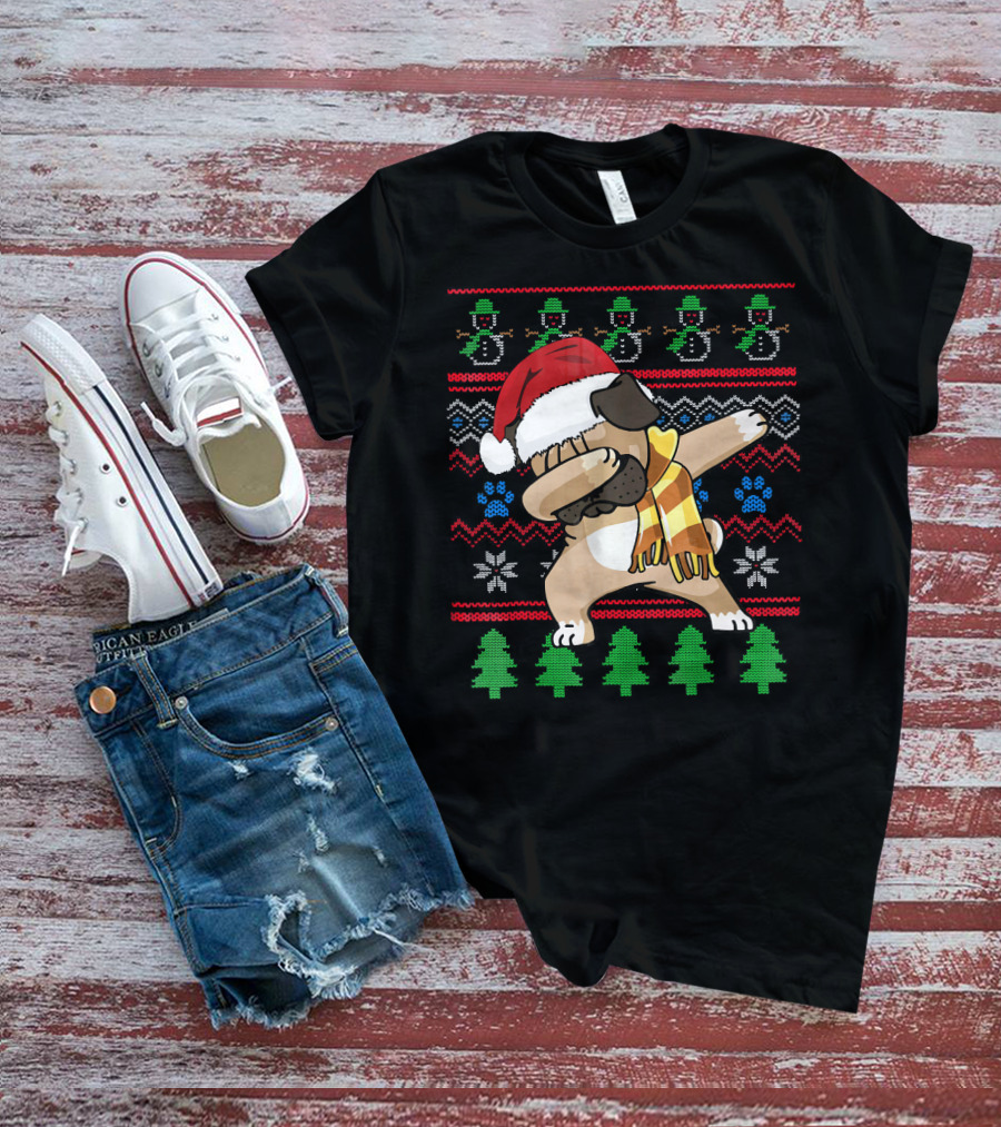 Pug Dabbing Santa Hat Christmas Snowman Tree Pattern UglyStyle T-Shirt