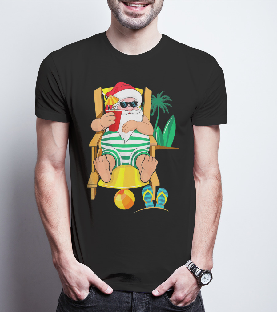 Christmas In July Santa Relaxing On Beach Chair With Cocktail And Palm Tree T-Shirt