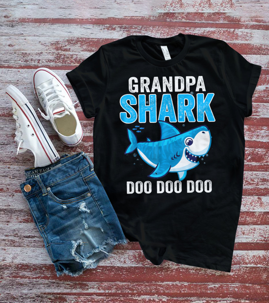 Grandpa Shark Doo Doo Doo Bright Blue Cartoon Shark T-Shirt
