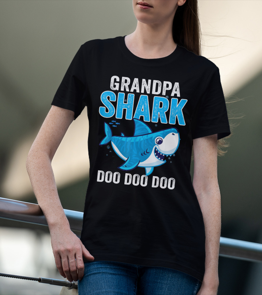 Grandpa Shark Doo Doo Doo Bright Blue Cartoon Shark T-Shirt