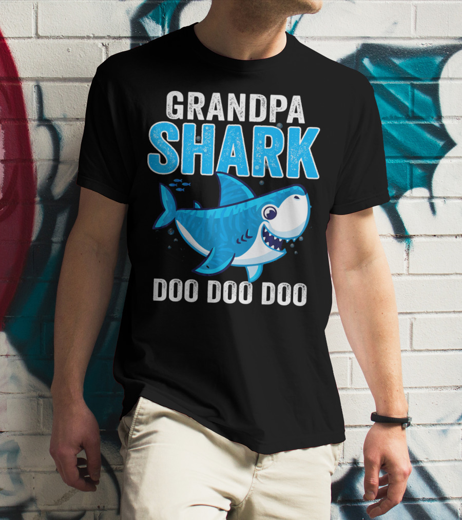 Grandpa Shark Doo Doo Doo Bright Blue Cartoon Shark T-Shirt