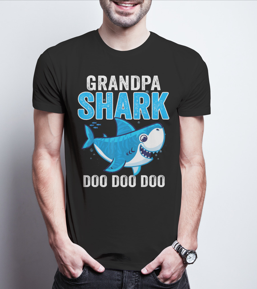 Grandpa Shark Doo Doo Doo Bright Blue Cartoon Shark T-Shirt