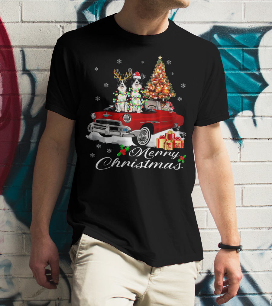 Merry Christmas Border Collie On Red Holiday Truck With Gifts And Tree T-Shirt
