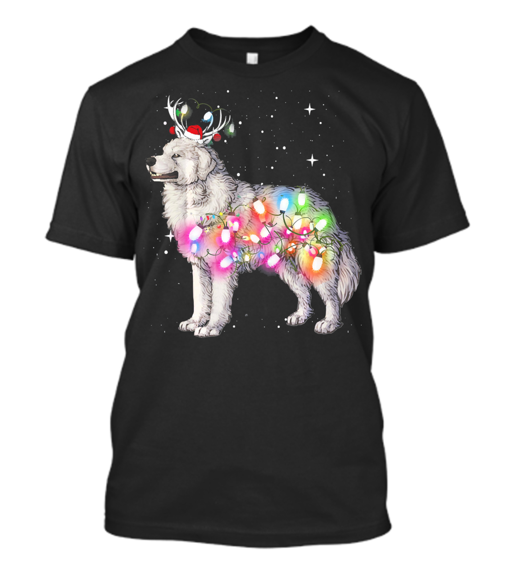 Christmas Lights Great Pyrenees With Reindeer Antlers And Santa Hat T-Shirt
