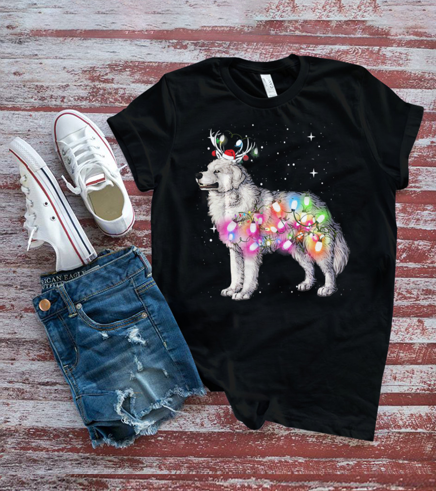 Christmas Lights Great Pyrenees With Reindeer Antlers And Santa Hat T-Shirt
